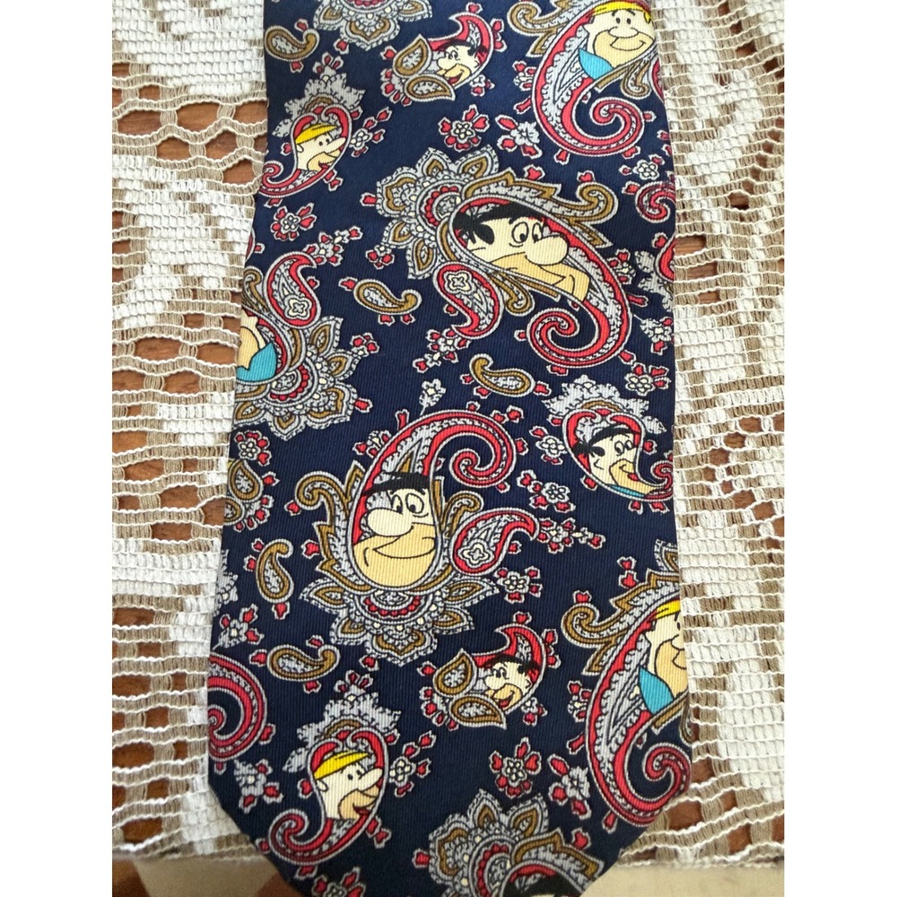 Vintage Hanna-Barbera The Flintstones Paisley Silk Tie Navy Blue Fred Barney USA